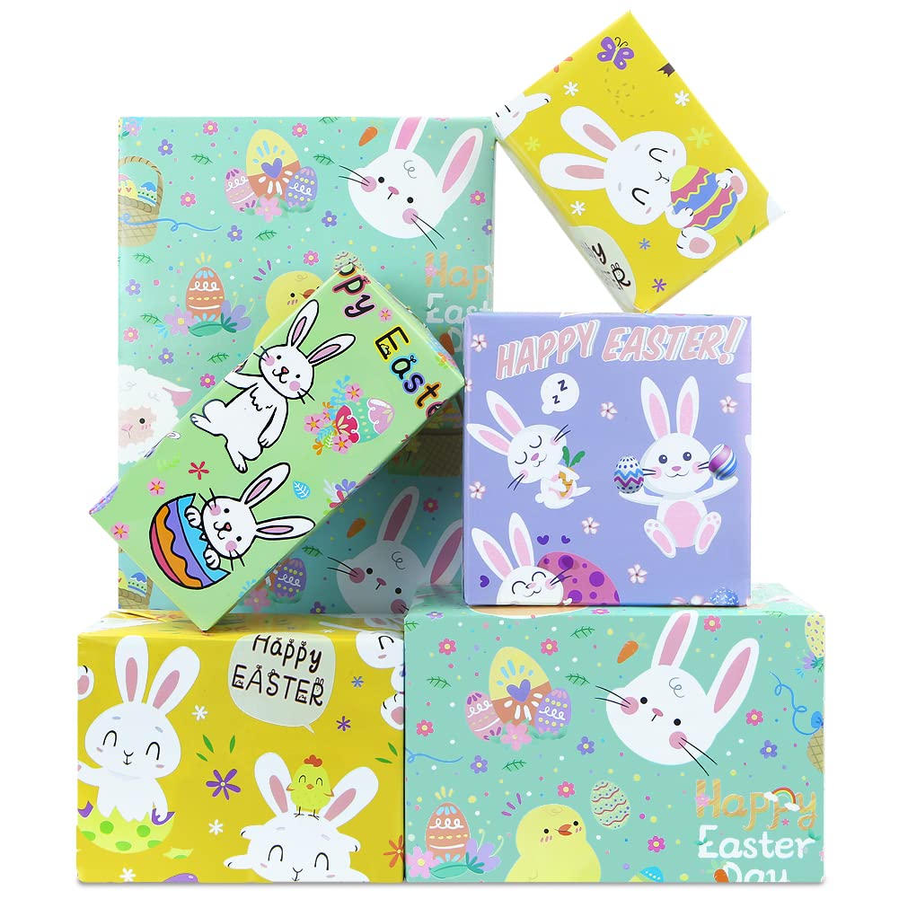 Boerni Easter Wrapping Paper for Kids 8 Sheets Cute Bunny Egg Sheep Chick Print Gift Wrap for Spring Holiday Birthday Baby Shower Party