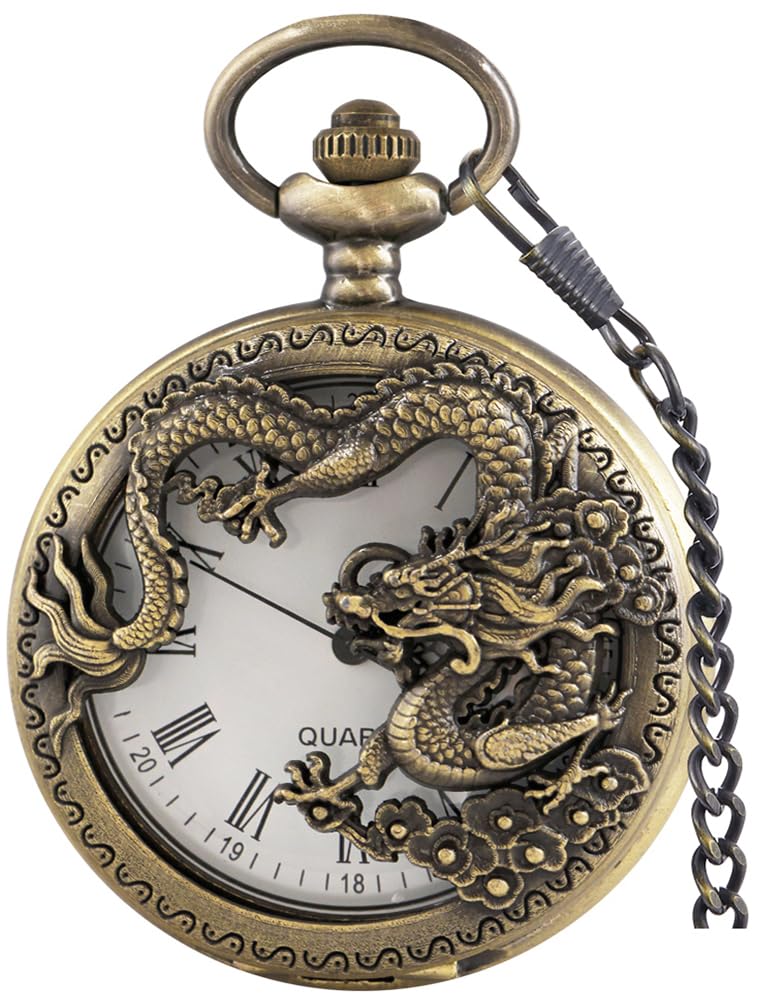 Alwesam Vintage Pocket Watch Bronze Dragon Design Roman Numerals Quartz Pocket Watches with Chain Christmas Graduation Birthday Gifts Fathers Day