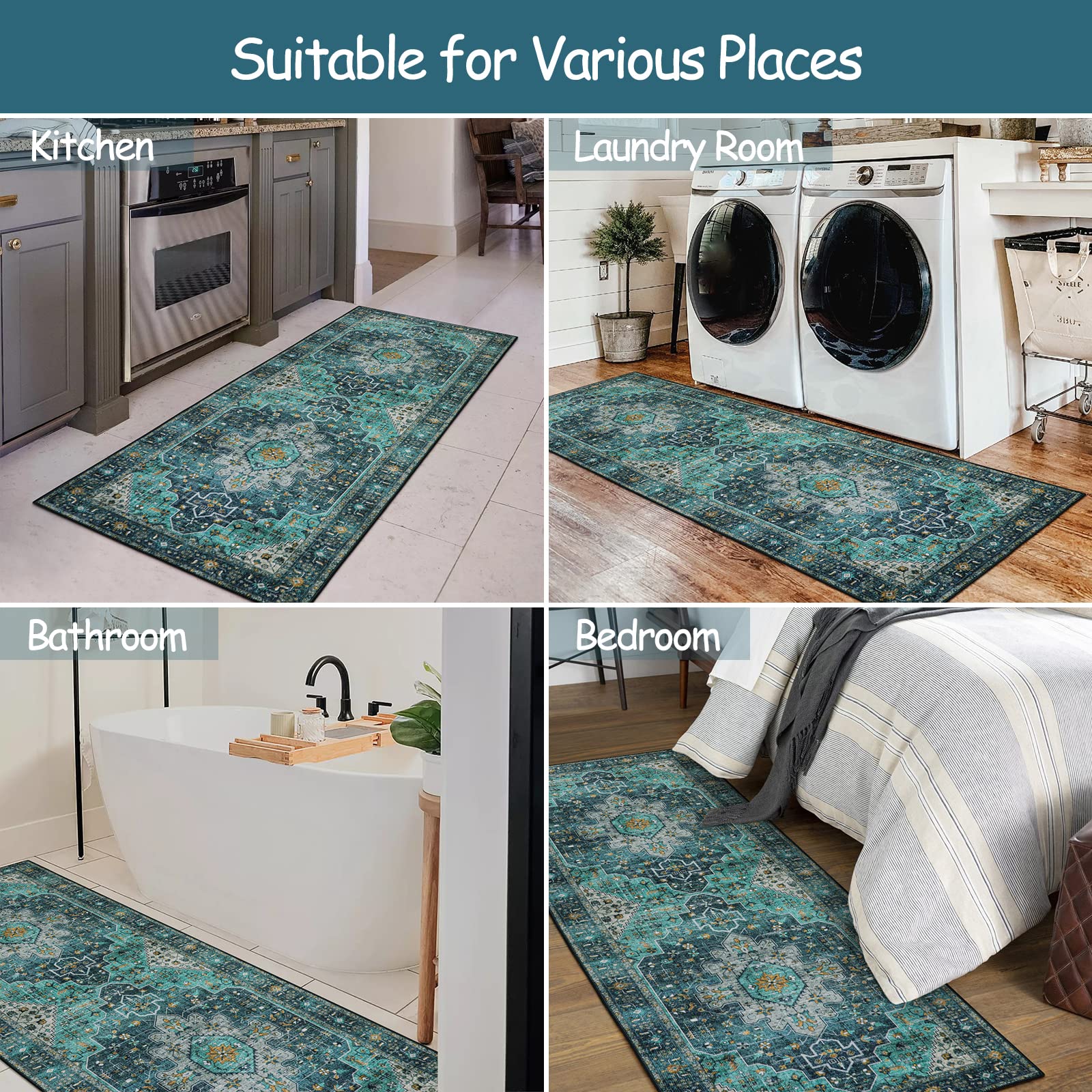 Moynesa Moynesa Ultra-Thin Washable Teal Non Slip Bathroom Rug 2x6 Laundry Room Mat Machine Washable Non-Slip Pet Friendly Carpet Runner - View 5 of 8