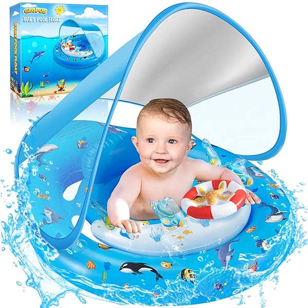 GLOPUS Baby Pool Float with Canopy for 6-36 Months Adjustable Safety Seat and UPF50 Sun Protection Ideal for Toddler Swimming Fun