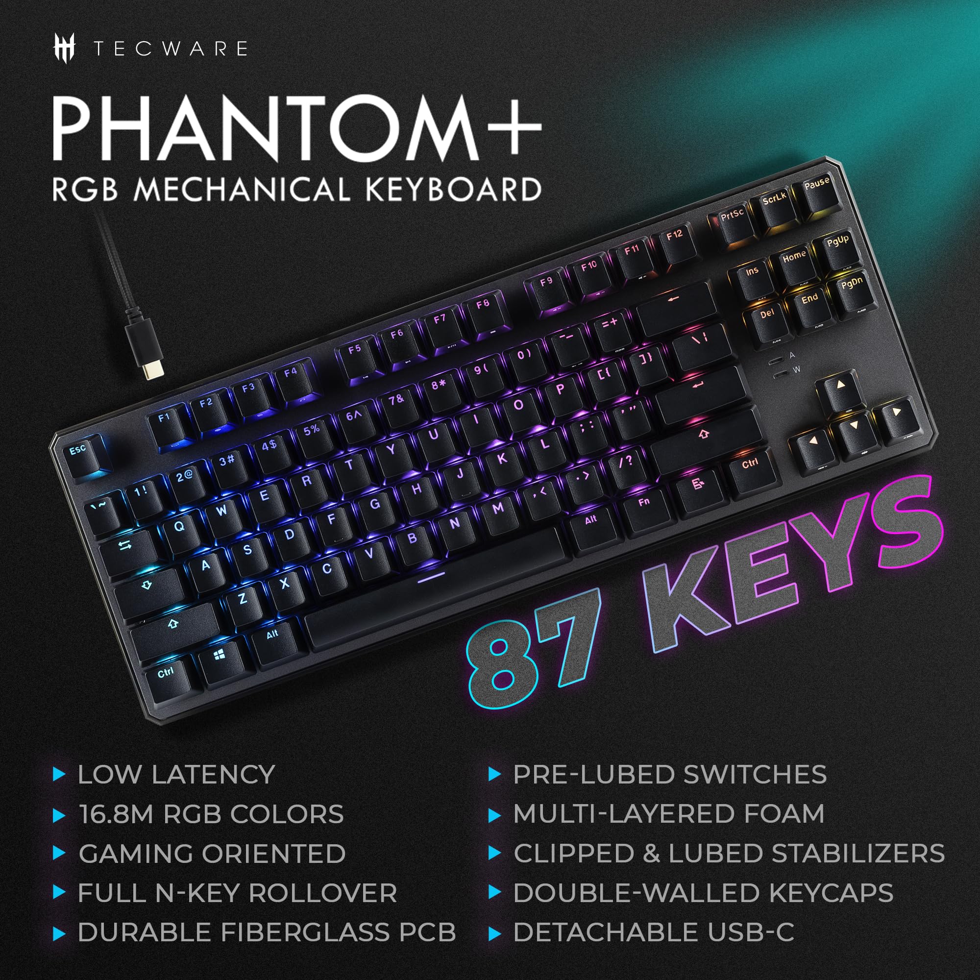 TECWARE Phantom+ 87 Key RGB Mechanical Gaming Keyboard | TKL 80% Keyboard, Tactile Feedback, Double Shot ABS Keycaps, Hot-Swappable, Detachable USB-C - View 2 of 8