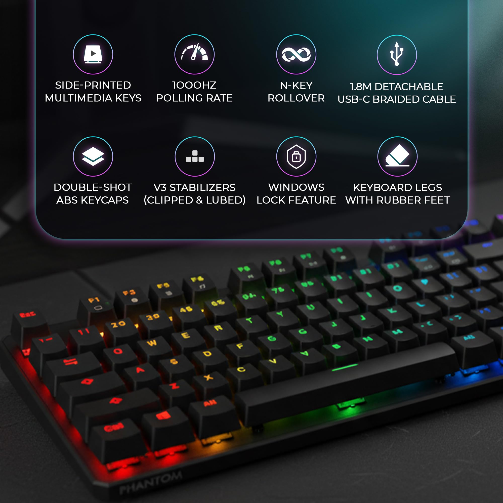TECWARE Phantom+ 87 Key RGB Mechanical Gaming Keyboard | TKL 80% Keyboard, Thocky Sound, Double Shot ABS Keycaps, Hot-Swappable, Detachable USB-C - View 5 of 8