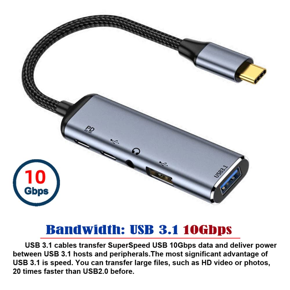 NFHK NFHK USB-C to Audio 3.5MM Dual USB 3.0 Hub Converter Multiport Adapter with 100W PD Power Port for Enhanced Connectivity - View 2 of 9