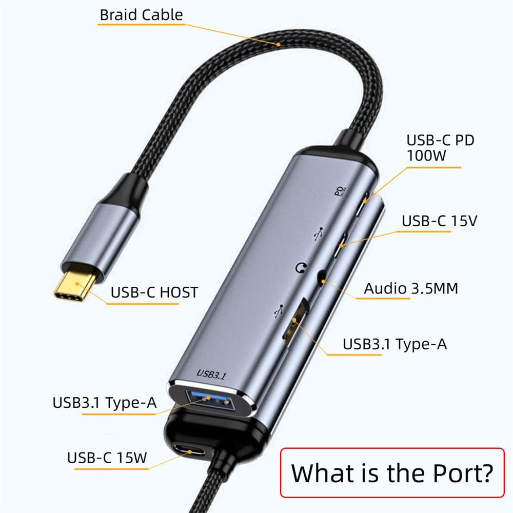 NFHK NFHK USB-C to Audio 3.5MM Dual USB 3.0 Hub Converter Multiport Adapter with 100W PD Power Port for Enhanced Connectivity - View 3 of 9