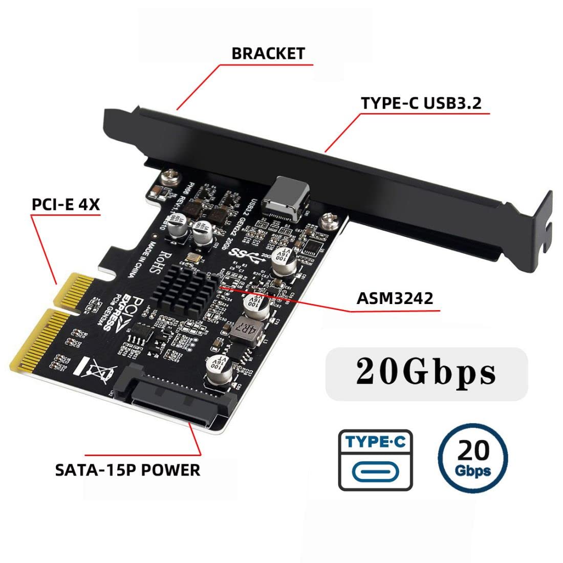 chenyang ChenYang USB 3.2 Gen2x2 Type-C Front Panel Socket PCI-E 4X Expansion Card Adapter for Fast Data Transfer - View 4 of 8