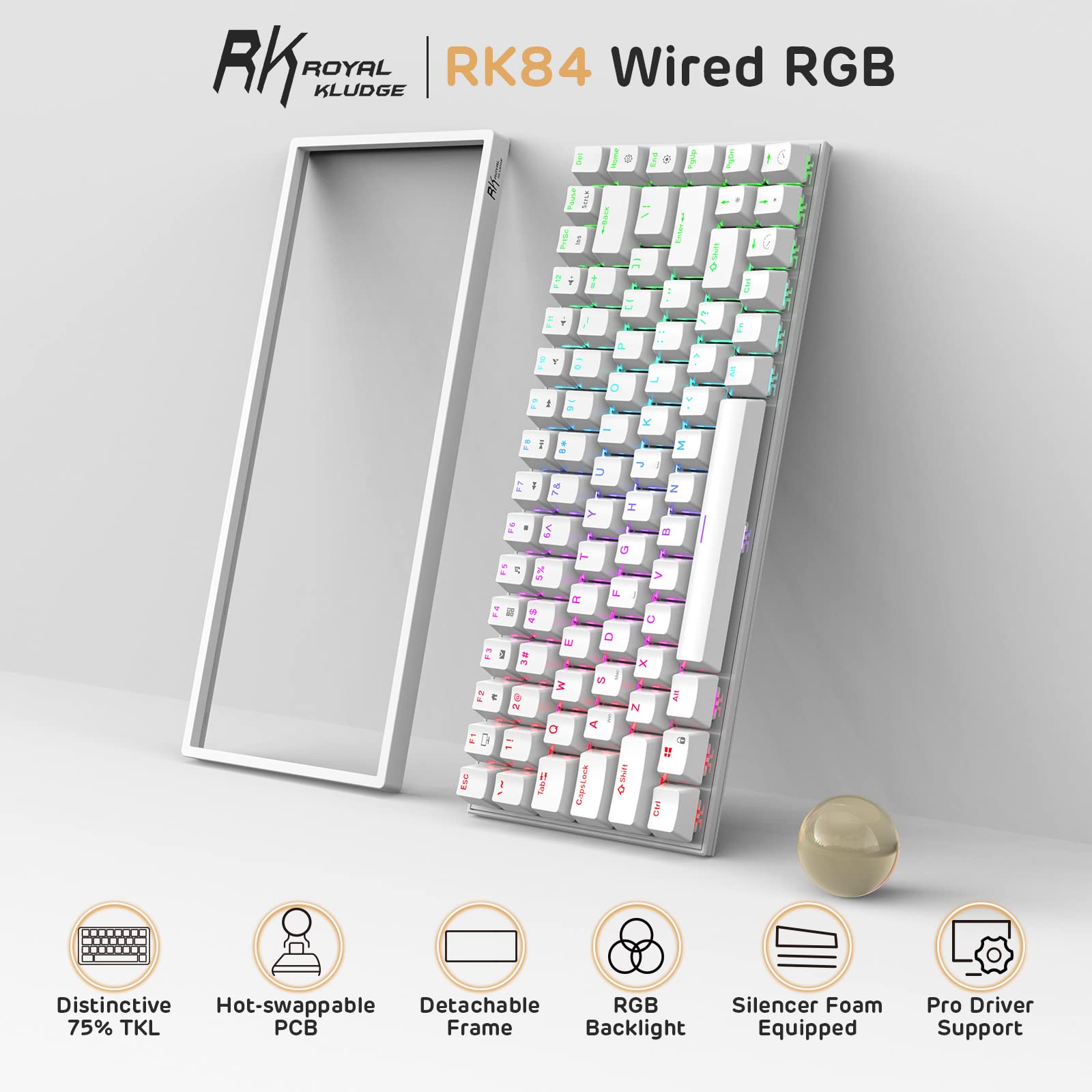 RK Royal Kludge RK84 Wired RGB 75 Percent Hot Swappable Mechanical Keyboard Tenkeyless TKL Gaming Keyboard with Programmable Software and RK Red Switch - View 2 of 9