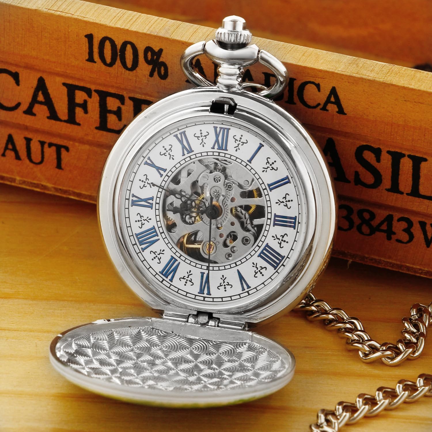 Whodoit Whodoit Retro Classical Green Flower Mechanical Pocket Watch Roman Digital Dial for Men - View 4 of 8