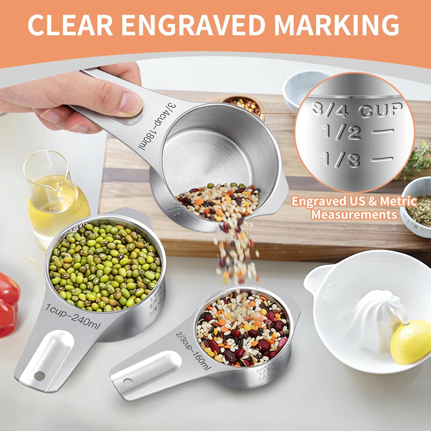 EWFEN Measuring Cups and Spoons Set of 20 Stainless Steel Nesting Cups and Spoons for Cooking and Baking with Leveler and Mini Spoons - View 6 of 9
