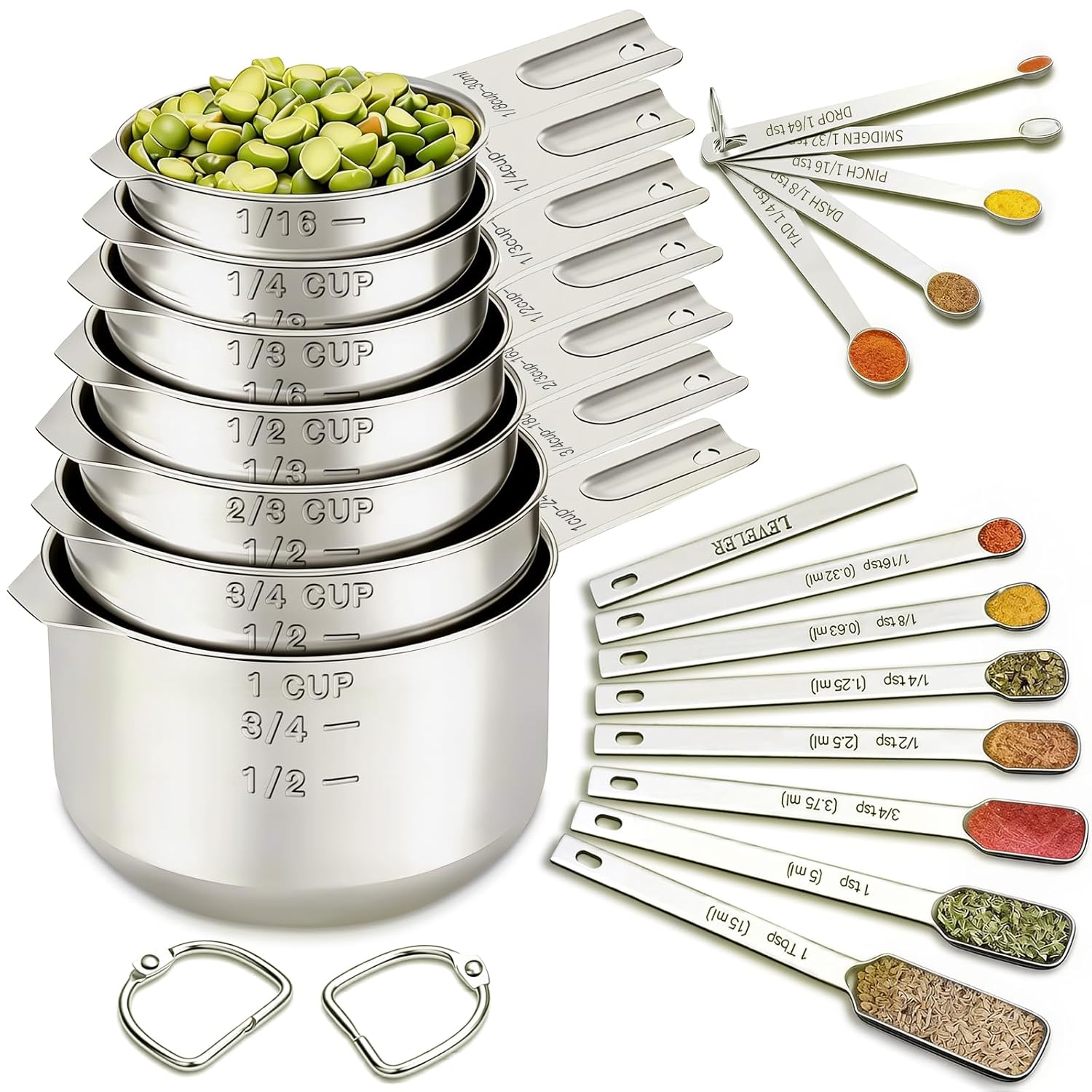 EWFEN Measuring Cups and Spoons Set of 20 Stainless Steel Nesting Cups and Spoons for Cooking and Baking with Leveler and Mini Spoons