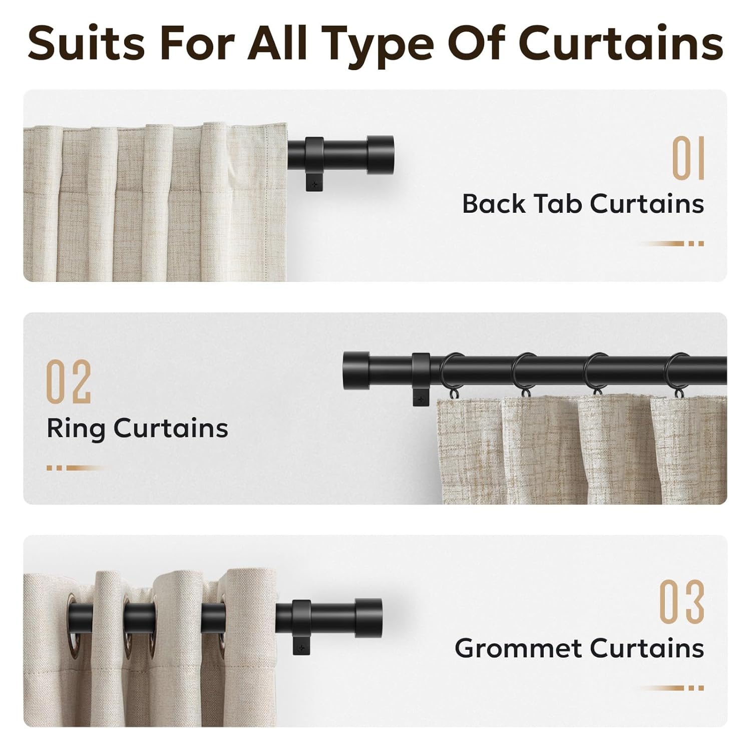 zeerobee Zeerobee Black Heavy Duty Curtain Rods 32 to 72 Inches Adjustable Length Modern Drapery Pole for Windows - View 7 of 9