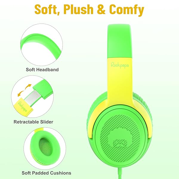 rockpapa Rockpapa Kids Headphones with Microphone & Share Port - Volume Limited, Foldable, Cute Design for School & Travel (Green/Yellow) - View 4 of 9