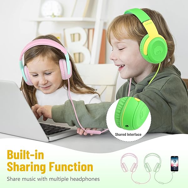 rockpapa Rockpapa Kids Headphones with Microphone & Share Port - Volume Limited, Foldable, Cute Design for School & Travel (Green/Yellow) - View 5 of 9
