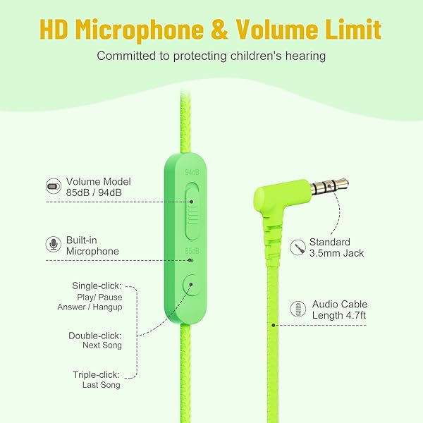 rockpapa Rockpapa Kids Headphones with Microphone & Share Port - Volume Limited, Foldable, Cute Design for School & Travel (Green/Yellow) - View 6 of 9