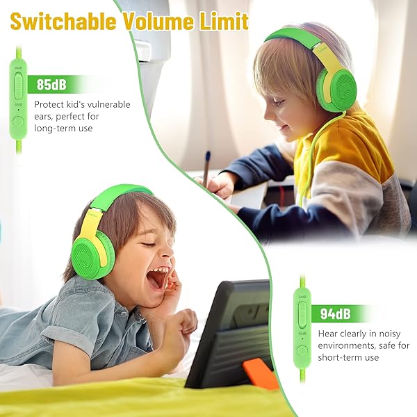 rockpapa Rockpapa Kids Headphones with Microphone & Share Port - Volume Limited, Foldable, Cute Design for School & Travel (Green/Yellow) - View 7 of 9