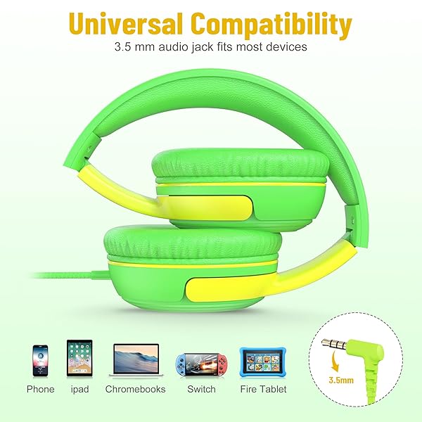 rockpapa Rockpapa Kids Headphones with Microphone & Share Port - Volume Limited, Foldable, Cute Design for School & Travel (Green/Yellow) - View 8 of 9