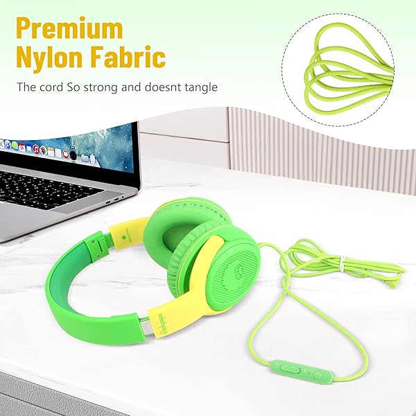 rockpapa Rockpapa Kids Headphones with Microphone & Share Port - Volume Limited, Foldable, Cute Design for School & Travel (Green/Yellow) - View 9 of 9