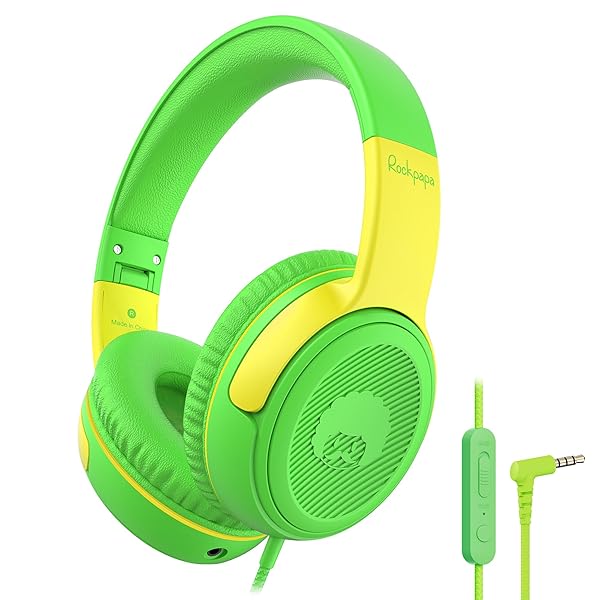rockpapa Rockpapa Kids Headphones with Microphone & Share Port - Volume Limited, Foldable, Cute Design for School & Travel (Green/Yellow) - View 2 of 9
