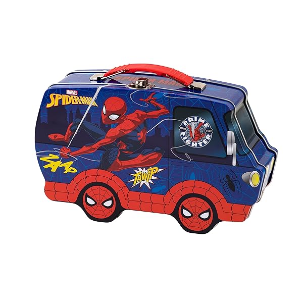 The Tin Box Company Spider-Man Van Shaped Tin Carry All: Secure Handle Lock & Clasp for Kids