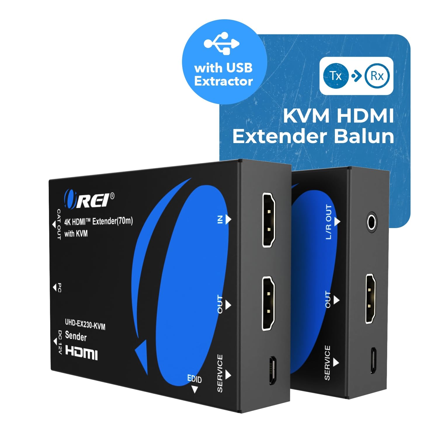 OREI KVM 4K HDMI Over Ethernet Extender Balun for CAT6/7 Cable with USB Ports and Power Over Cable Up to 230 Feet 4K@60Hz - View 2 of 9