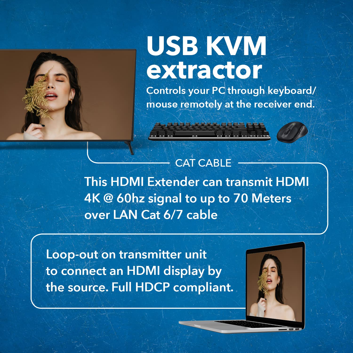 OREI KVM 4K HDMI Over Ethernet Extender Balun for CAT6/7 Cable with USB Ports and Power Over Cable Up to 230 Feet 4K@60Hz - View 4 of 9