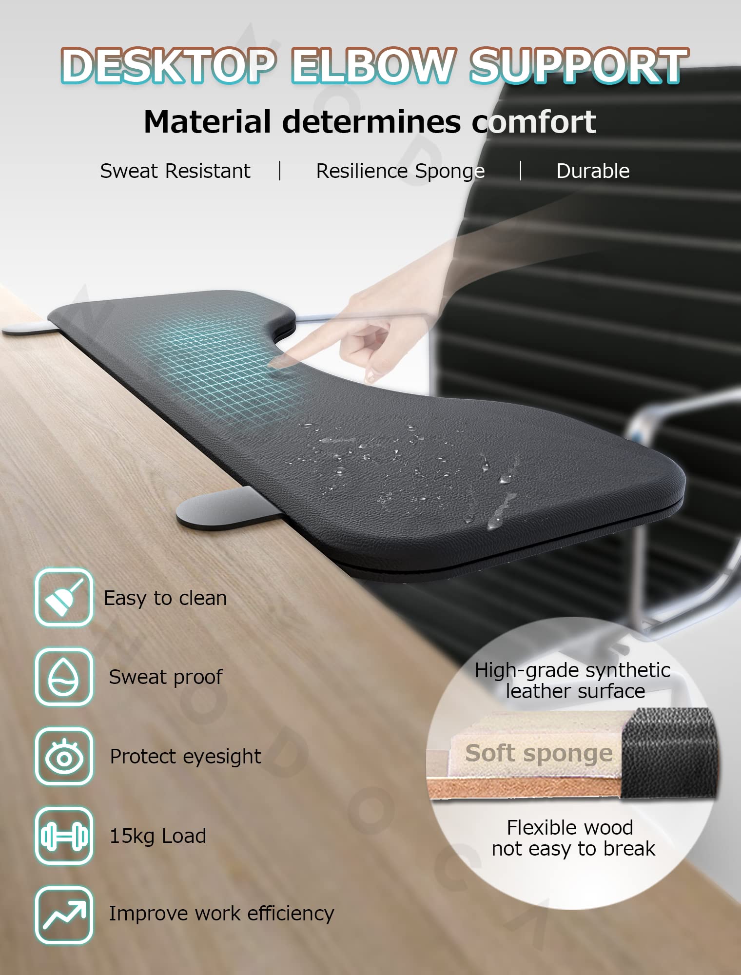 NODOCA NODOCA Ergonomic Arm Rest for Desk Comfortable Wrist Support Eco-Friendly Leather Foldable Elbow Rest Black 26.5 Inches - View 4 of 7