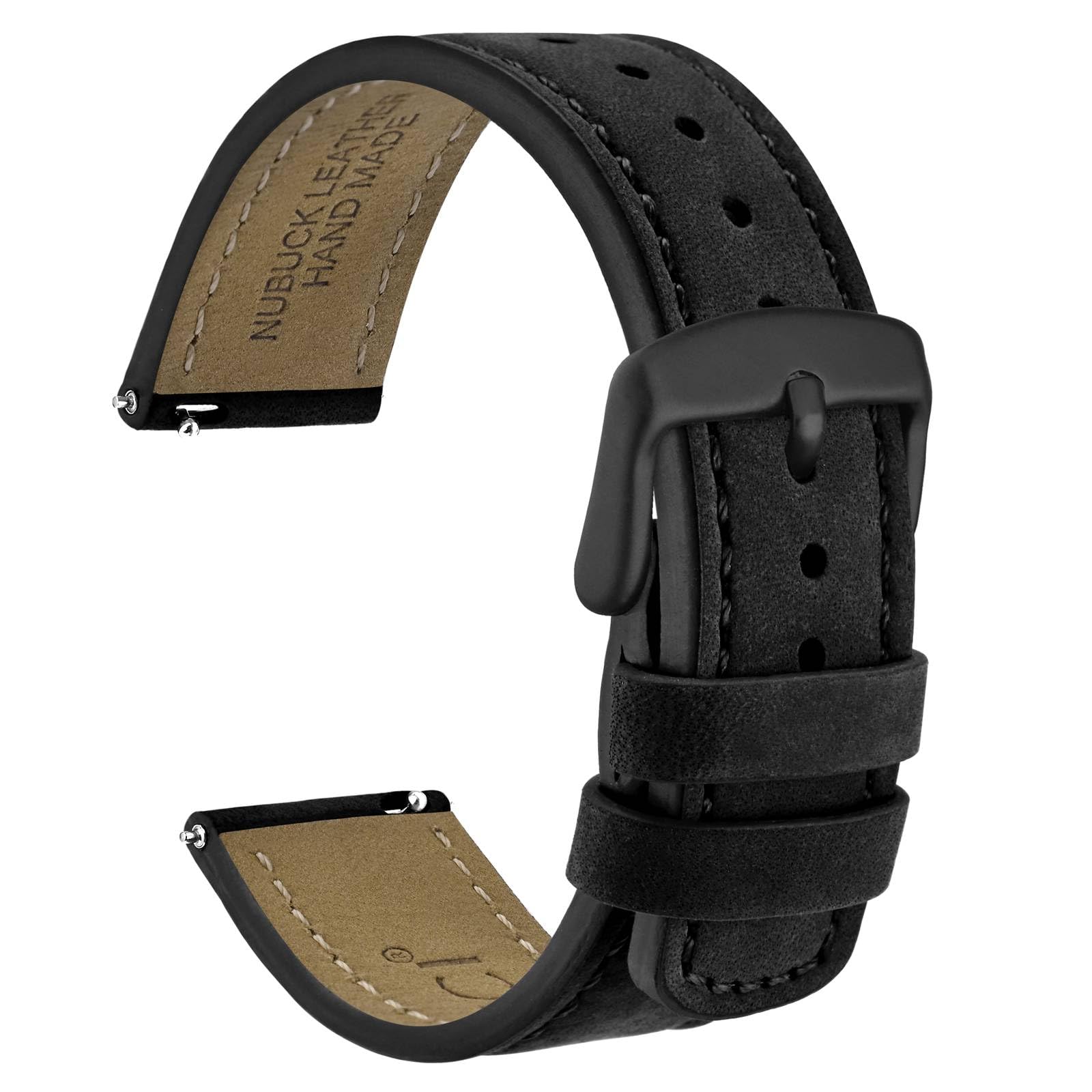 WOCCI 18mm Retro Leather Watch Band for Men and Women, Quick Release Replacement Strap with Black Buckle (Black)