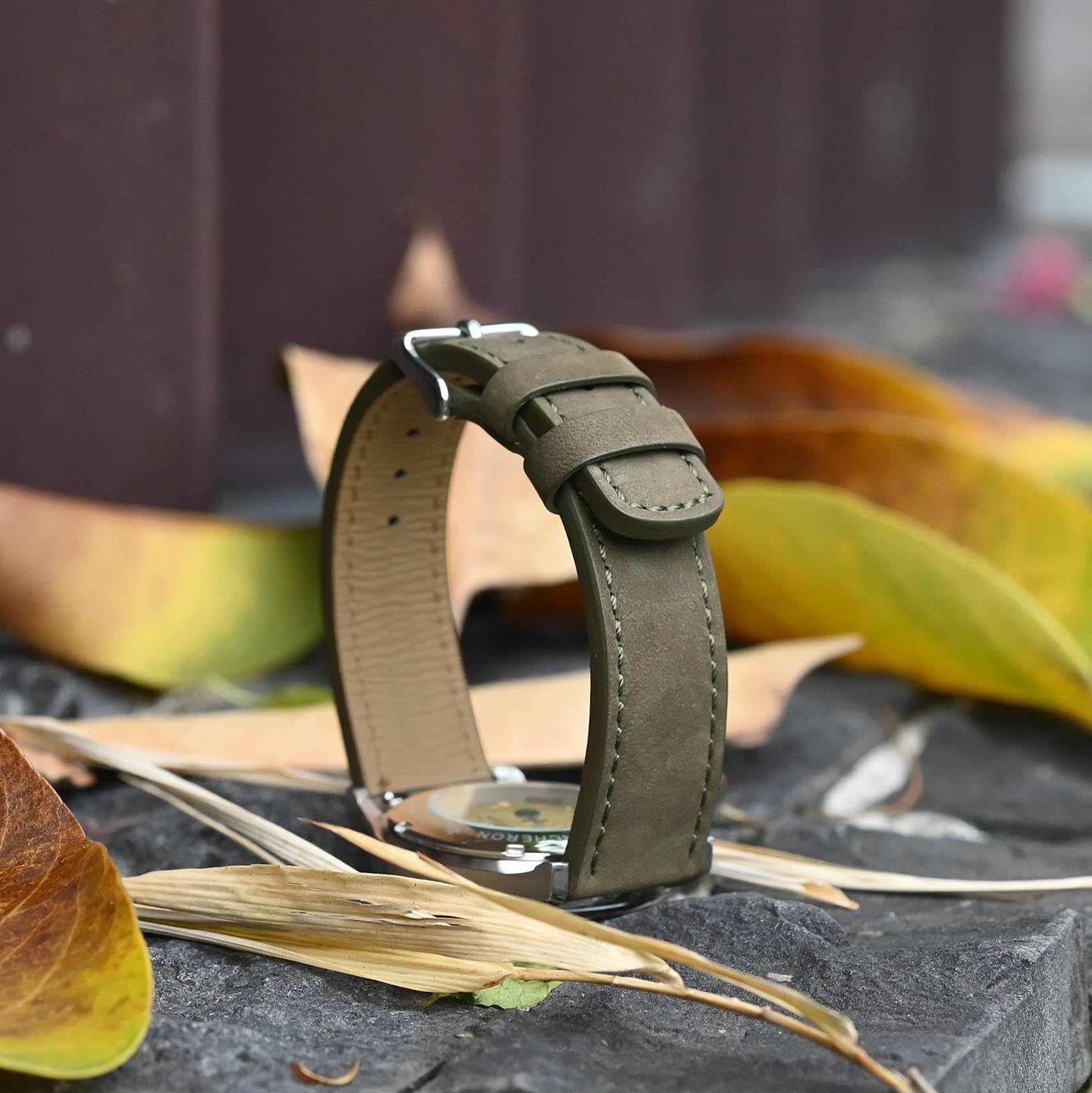 WOCCI 18mm Retro Leather Watch Band for Men and Women, Quick Release Replacement Strap with Black Buckle (Army Green) - View 7 of 9