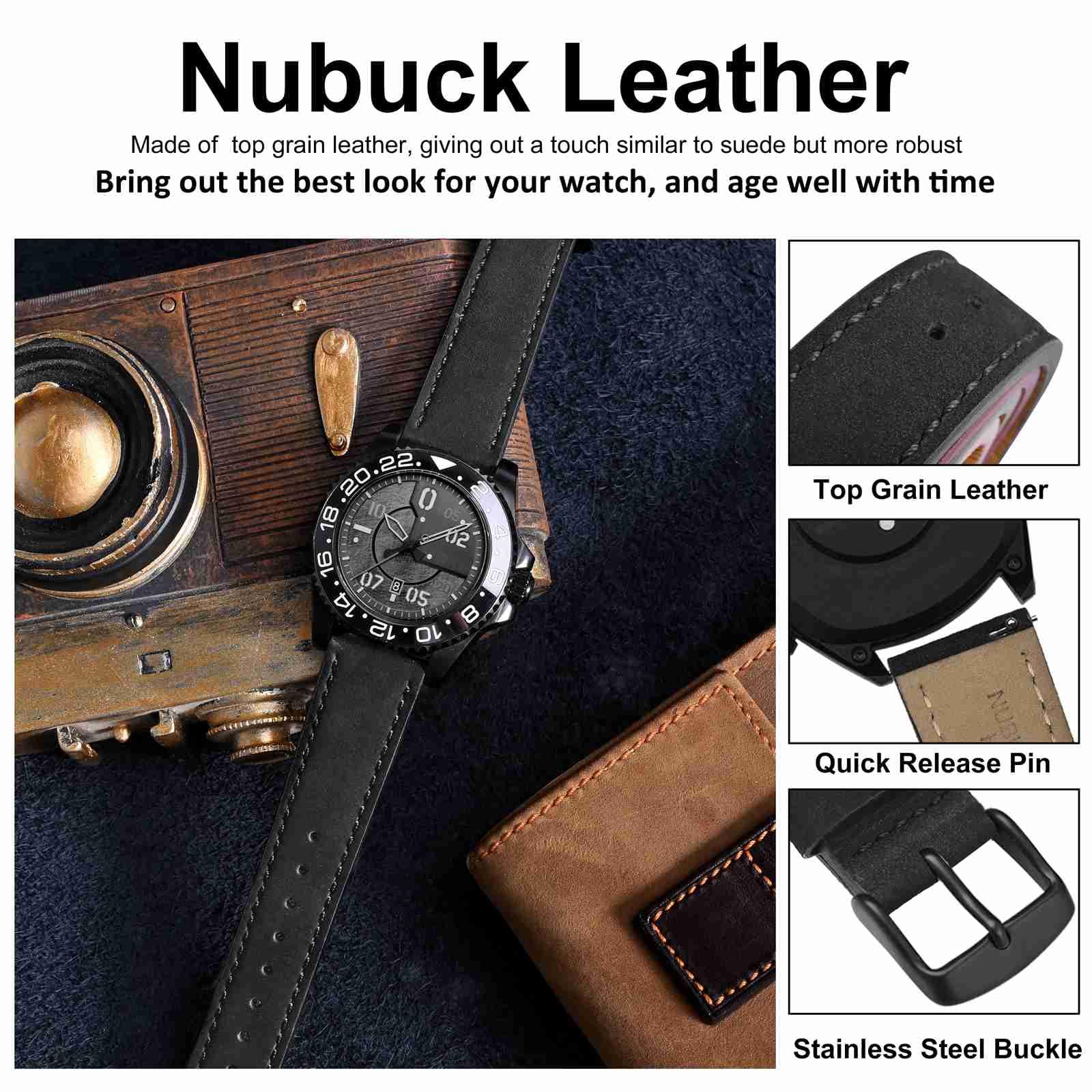 WOCCI 20mm Retro Leather Watch Band for Men and Women, Quick Release Replacement Strap with Black Buckle (Black) - View 4 of 9