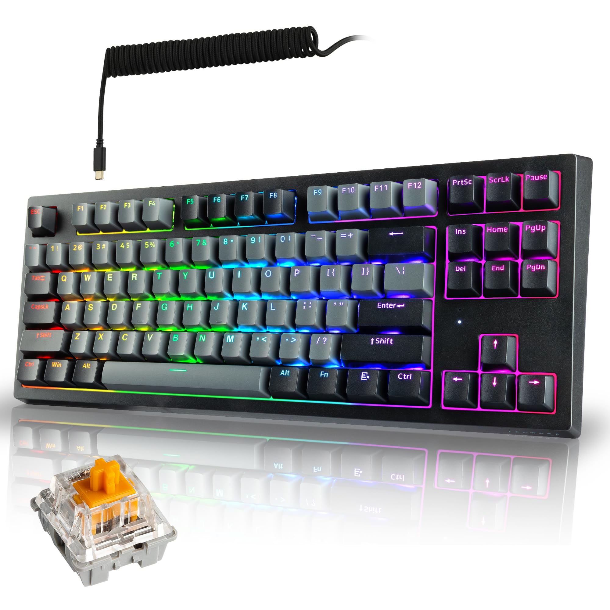 TECWARE Phantom+ Elite 87 Key RGB Mechanical Gaming Keyboard | 3 Mode Wireless Bluetooth 5.0 2.4GHz and USB C Wired | Hot Swappable 5 Pin | Double