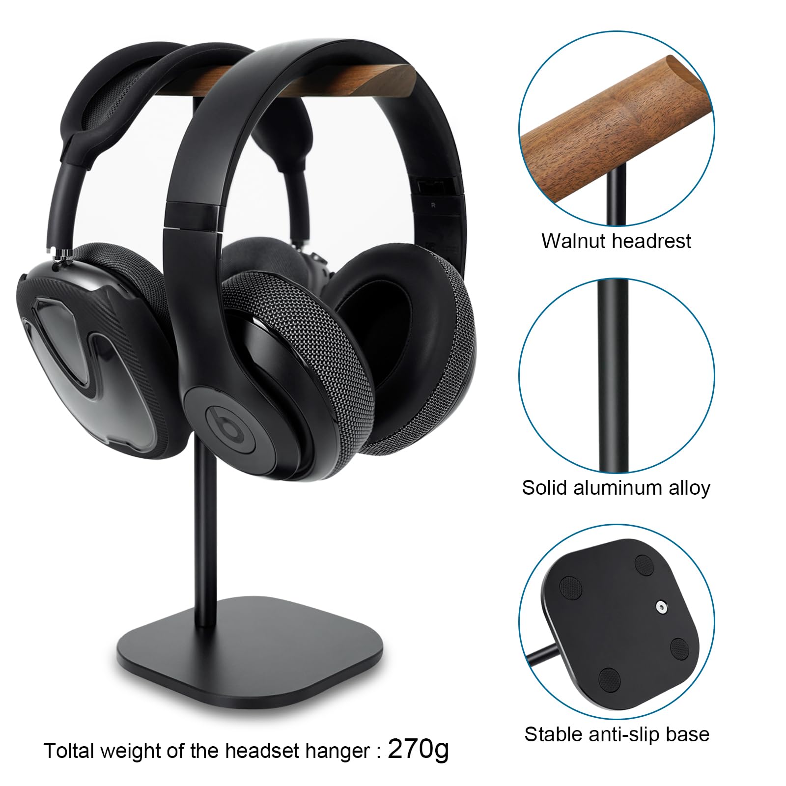 Gvoears Upgraded Headphone Stand, Walnut Wood Headphone Stands Headset Holder for Desk, Support Dual Headsets Suspension, Aluminum Alloy Support Rod - View 3 of 7