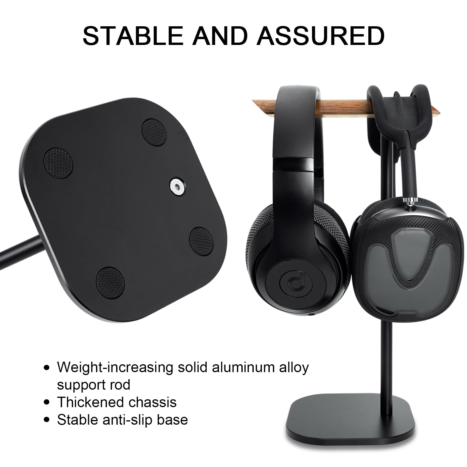 Gvoears Upgraded Headphone Stand, Walnut Wood Headphone Stands Headset Holder for Desk, Support Dual Headsets Suspension, Aluminum Alloy Support Rod - View 5 of 7