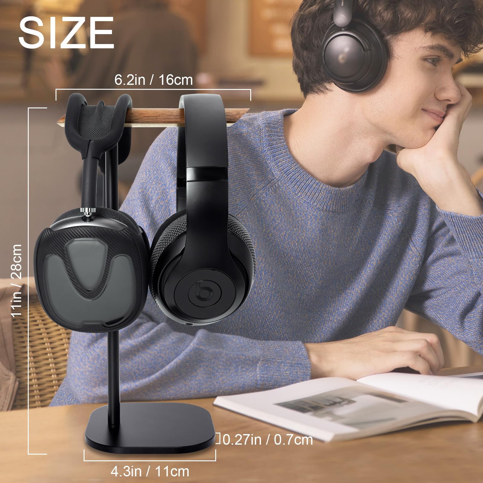 Gvoears Upgraded Headphone Stand, Walnut Wood Headphone Stands Headset Holder for Desk, Support Dual Headsets Suspension, Aluminum Alloy Support Rod - View 6 of 7