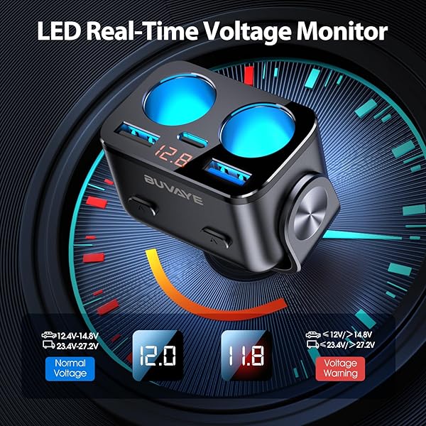 BUVAYE BUVAYE 5-in-1 USB C Car Charger Adapter: Fast Charge Dual Socket Splitter for GPS, Dash Cam & Phone (12V/24V) - View 5 of 9