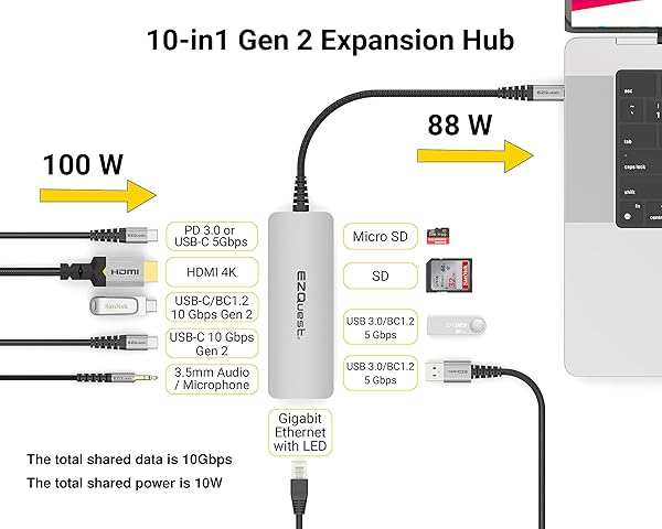 EZQuest EZQuest 10-in-1 USB C Hub Docking Station: 4K HDMI, 10Gbps USB Ports & Ethernet for USB-C Laptops - View 5 of 10