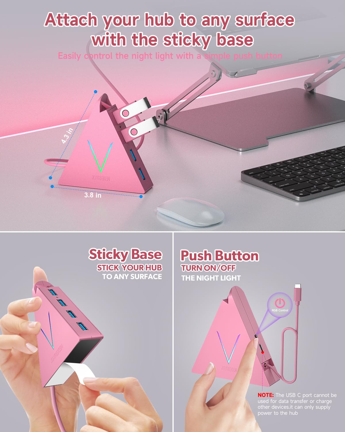 JoyReken USB C Hub 4 Ports for MacBook Pro Air iPad Pro Chromebook XPS Galaxy S21 S20 and More in Pink - View 2 of 7