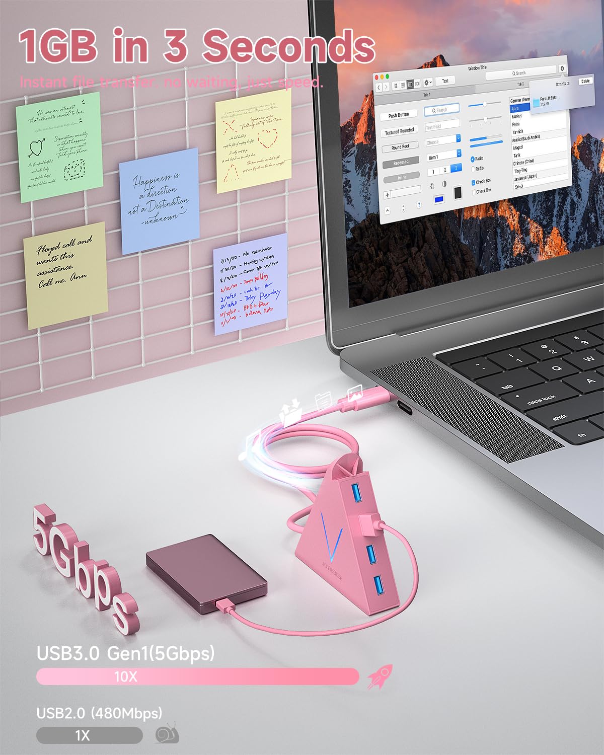 JoyReken USB C Hub 4 Ports for MacBook Pro Air iPad Pro Chromebook XPS Galaxy S21 S20 and More in Pink - View 3 of 7