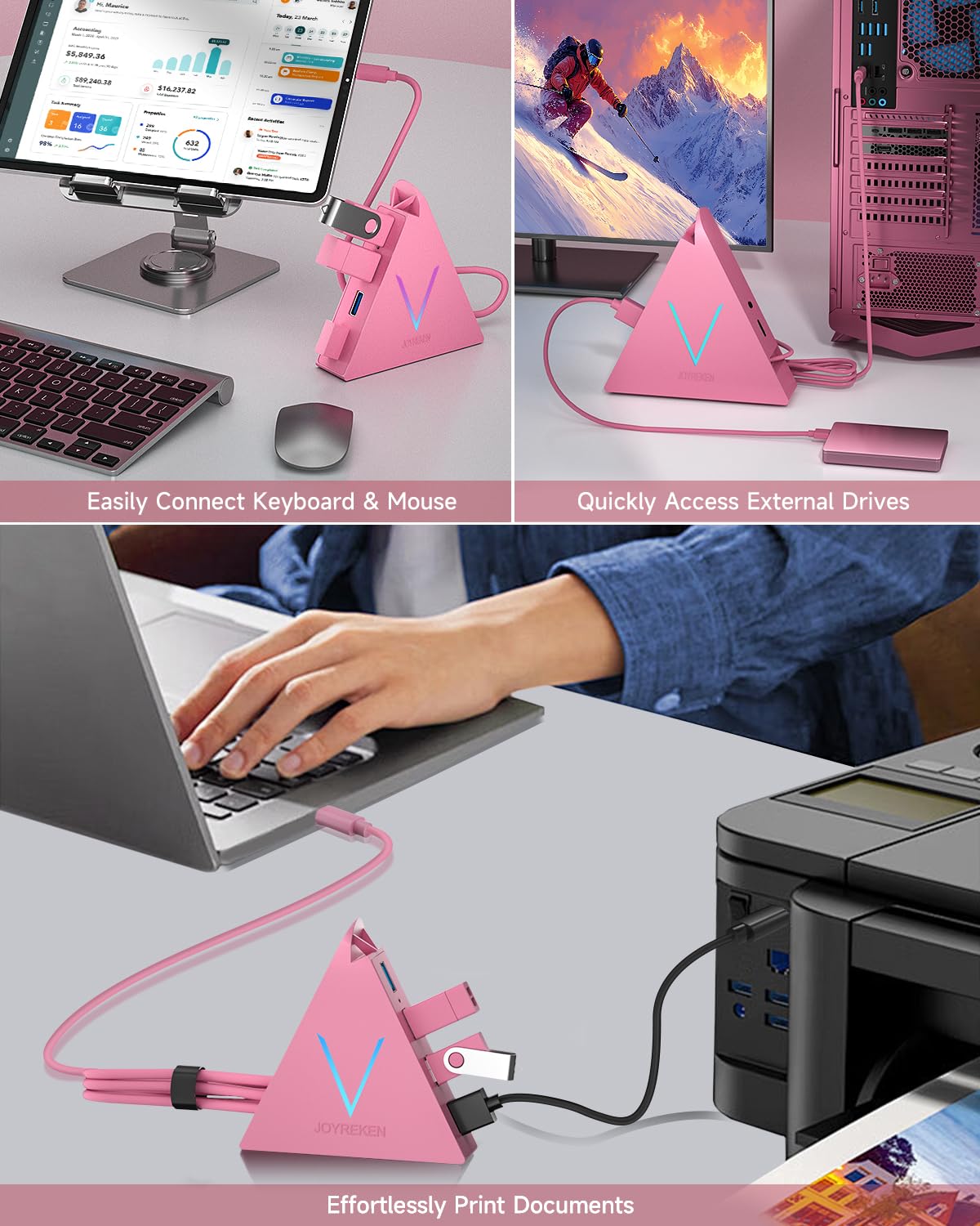 JoyReken USB C Hub 4 Ports for MacBook Pro Air iPad Pro Chromebook XPS Galaxy S21 S20 and More in Pink - View 4 of 7