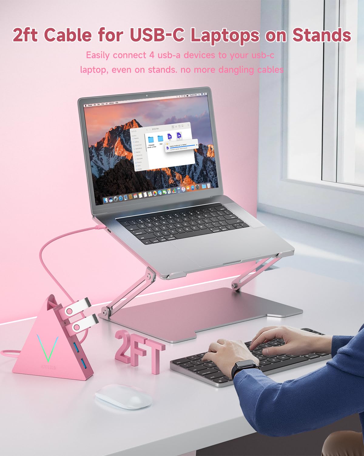 JoyReken USB C Hub 4 Ports for MacBook Pro Air iPad Pro Chromebook XPS Galaxy S21 S20 and More in Pink - View 5 of 7