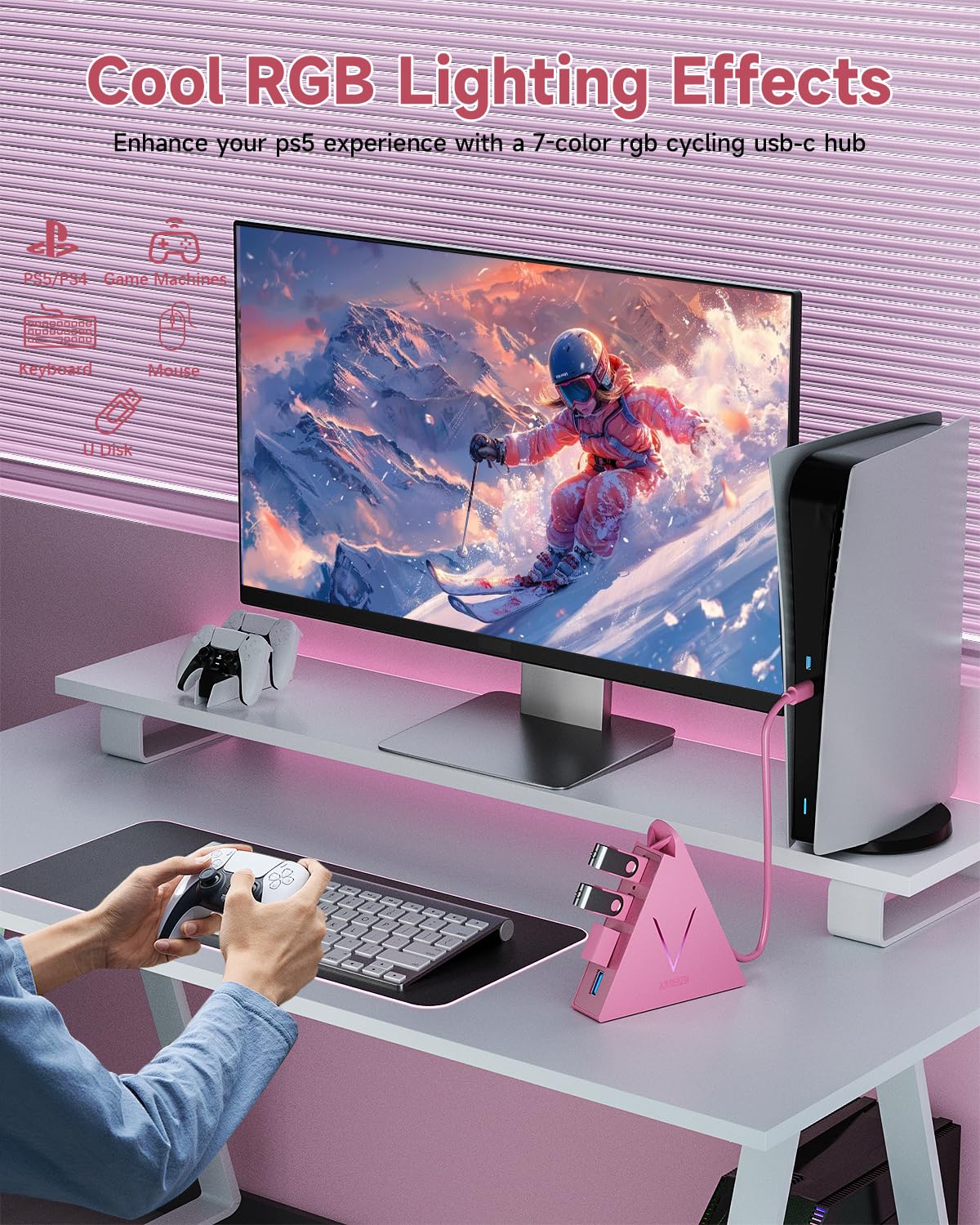 JoyReken USB C Hub 4 Ports for MacBook Pro Air iPad Pro Chromebook XPS Galaxy S21 S20 and More in Pink - View 6 of 7