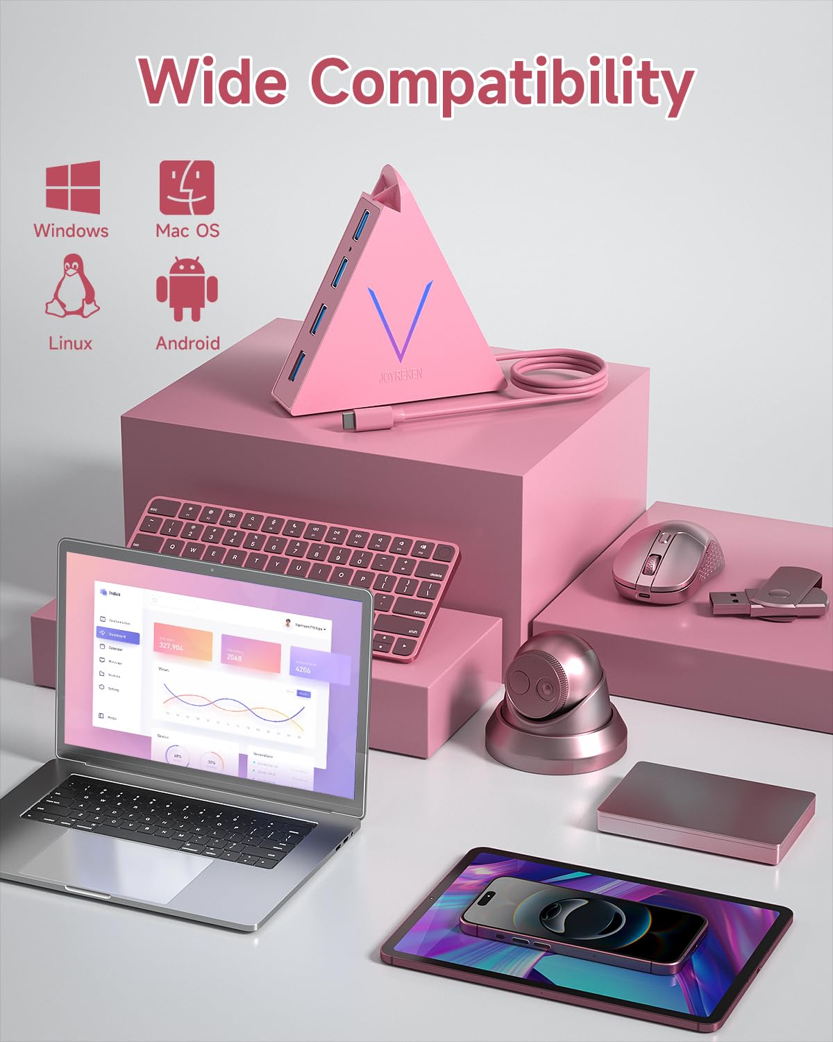 JoyReken USB C Hub 4 Ports for MacBook Pro Air iPad Pro Chromebook XPS Galaxy S21 S20 and More in Pink - View 7 of 7