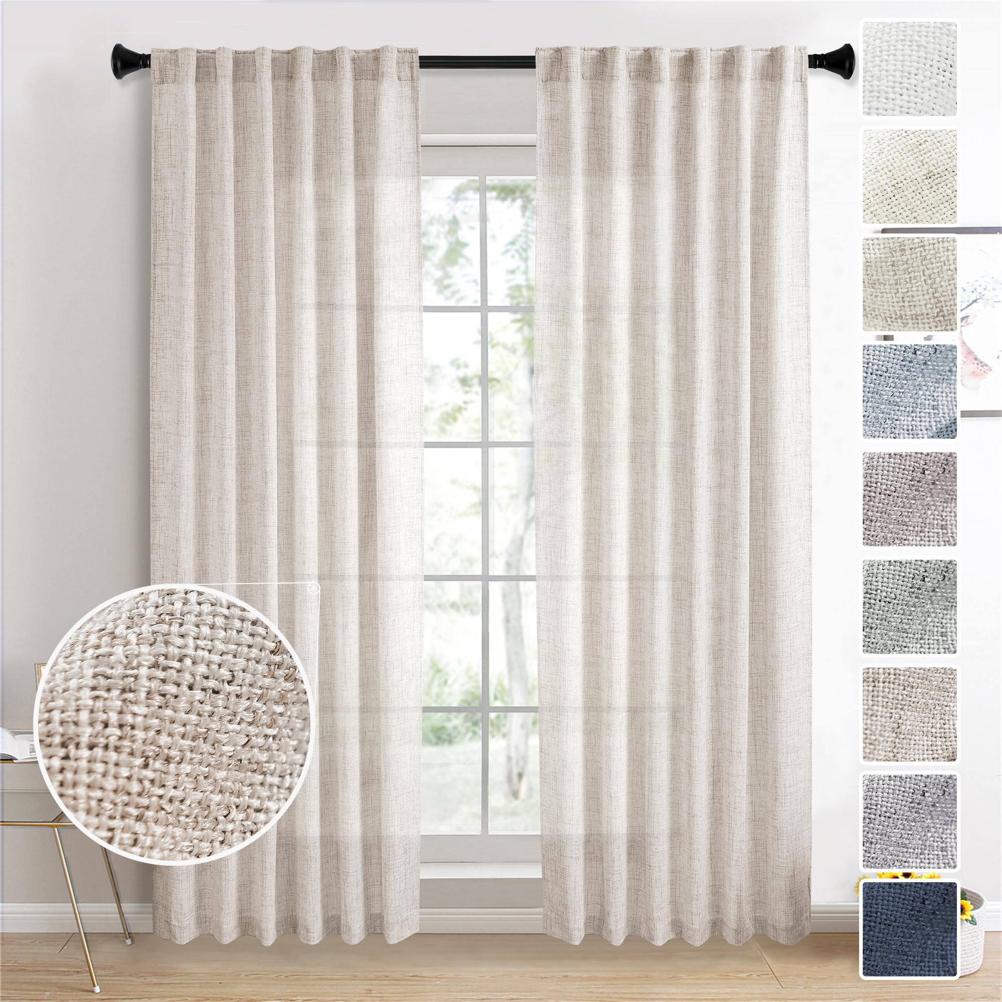 MEETBILY MEETBILY Natural Linen Back Tab Curtains 96 Inches Long Modern Farmhouse Boho Semi Sheer Drapes for Living Room Sliding Glass Door 2 Panels Set
