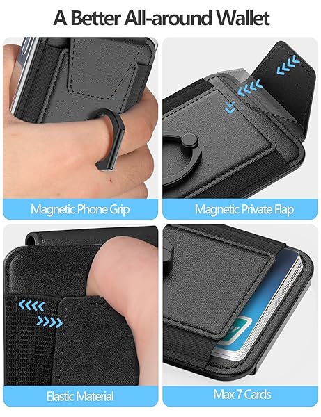 ExtreLife Magsafe Wallet with Grip 6 Card Holder Strong Magnetic Card Wallet for iPhone 16 15 14 13 12 Leather RFID Blocking Black - View 7 of 11