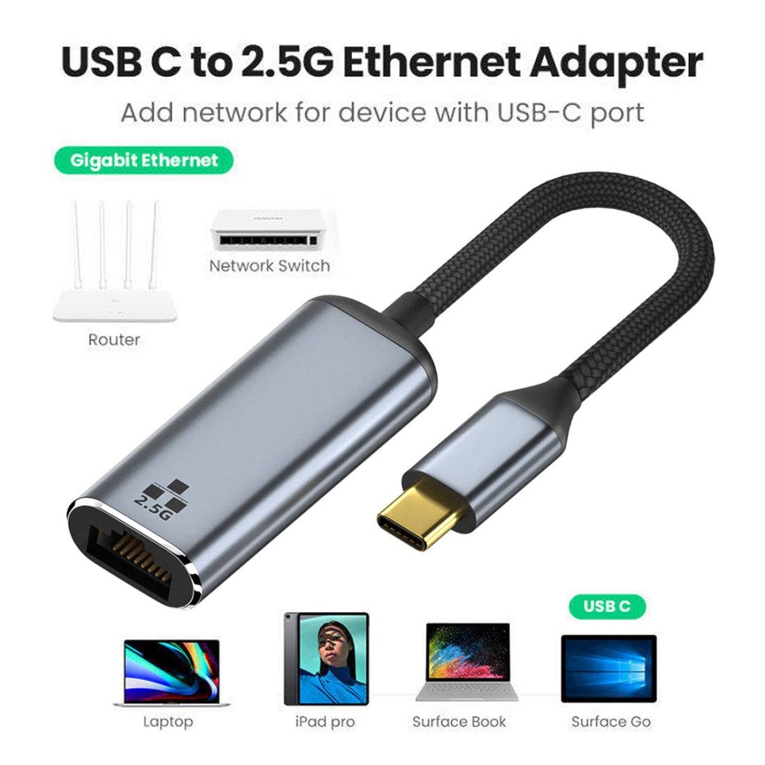 CY USB C to 25Gbps Ethernet Adapter USB 31 Type C to RJ45 2500Mbps Gigabit Network Adapter for Laptop - View 2 of 6