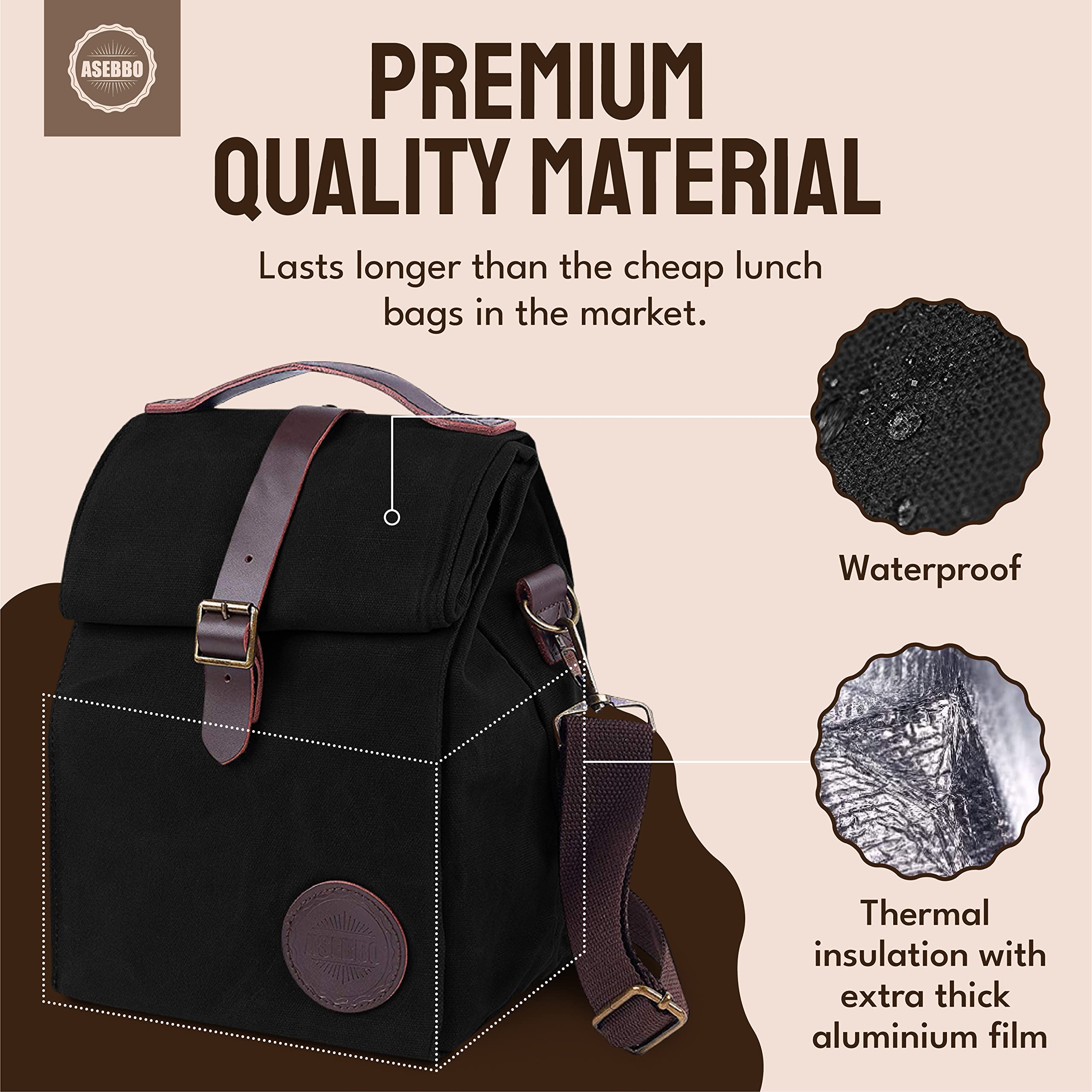 ASEBBO ASEBBO Insulated Lunch Bag for Men and Women Reusable Leak Proof Cooler Bag for Work Travel Beach with Shoulder Strap Black Waxed Canvas - View 2 of 6