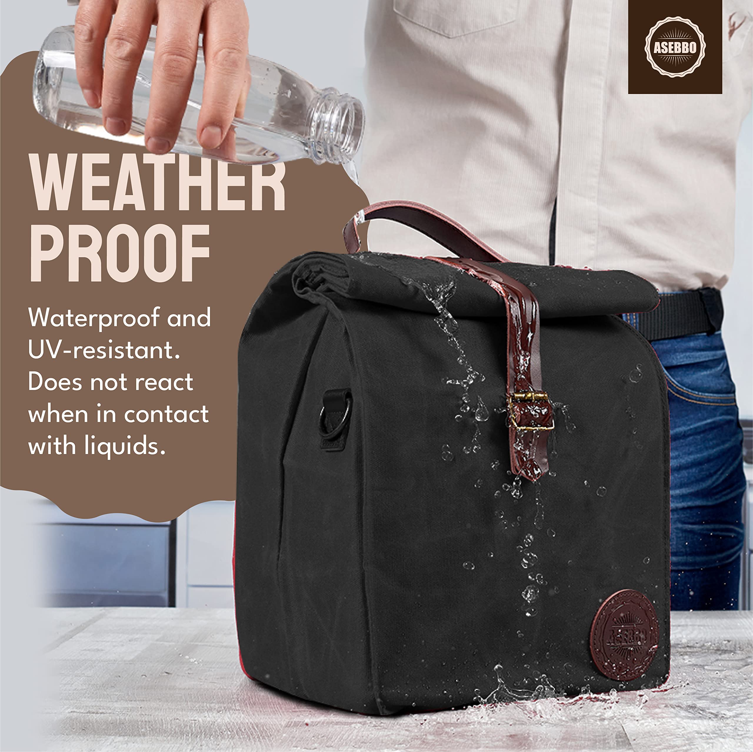 ASEBBO ASEBBO Insulated Lunch Bag for Men and Women Reusable Leak Proof Cooler Bag for Work Travel Beach with Shoulder Strap Black Waxed Canvas - View 3 of 6