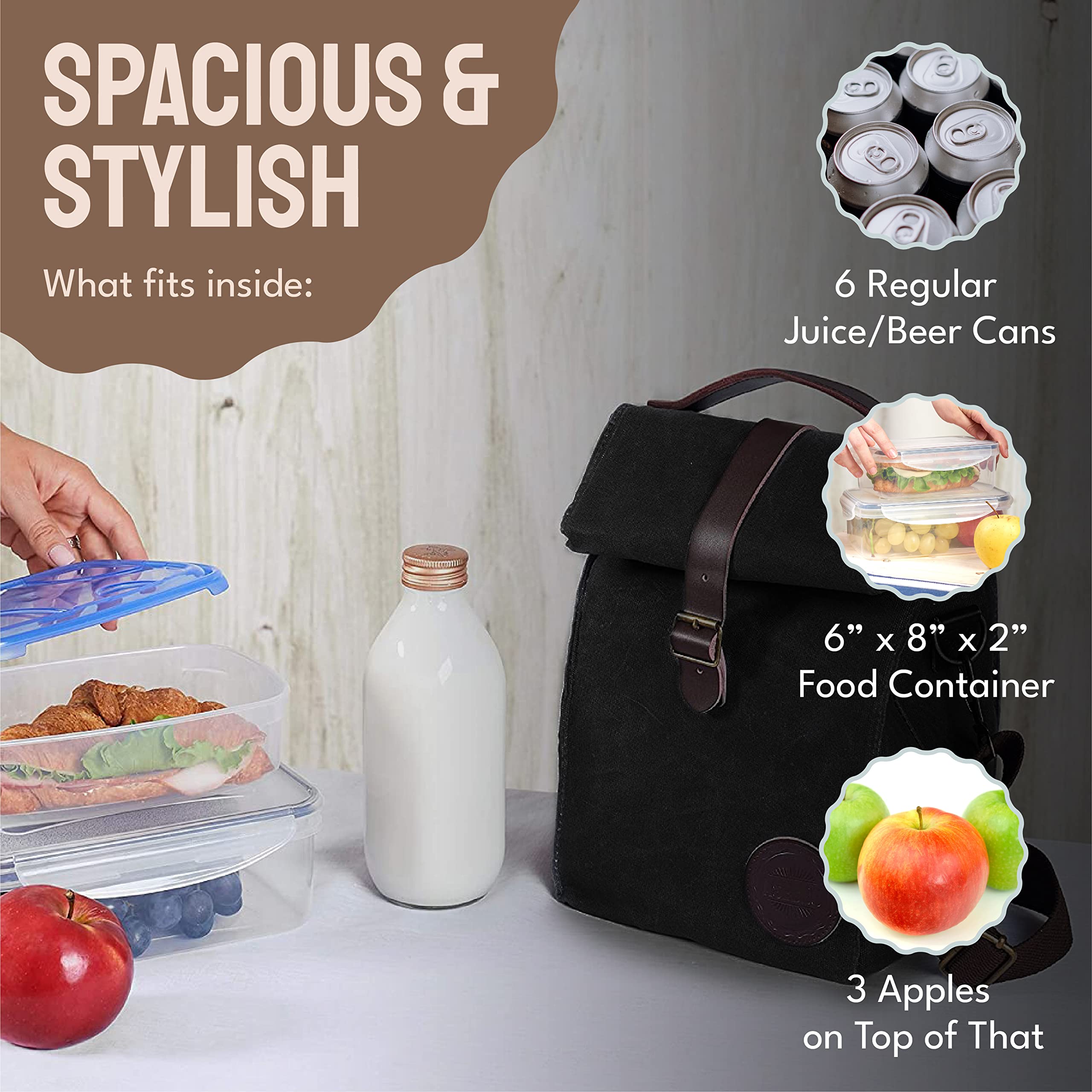 ASEBBO ASEBBO Insulated Lunch Bag for Men and Women Reusable Leak Proof Cooler Bag for Work Travel Beach with Shoulder Strap Black Waxed Canvas - View 4 of 6