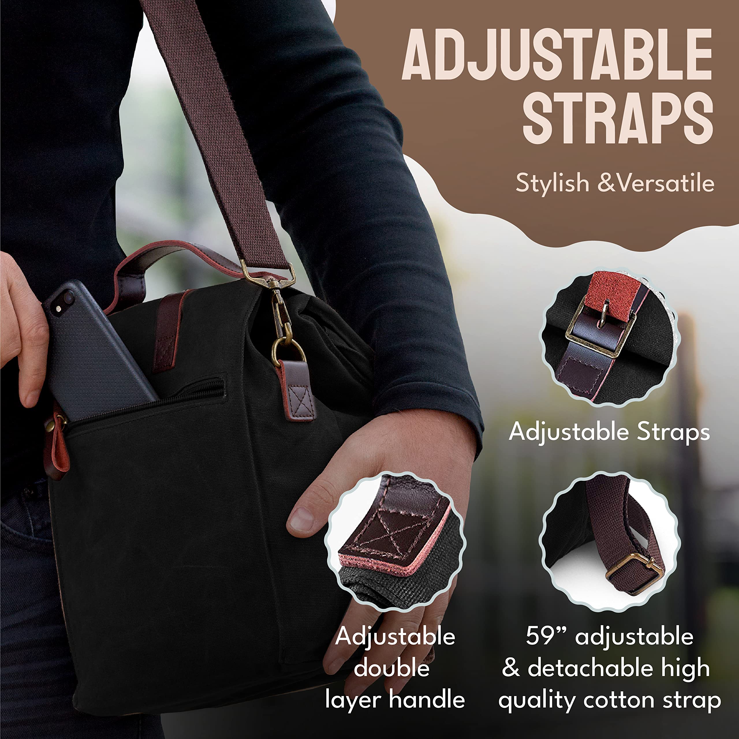 ASEBBO ASEBBO Insulated Lunch Bag for Men and Women Reusable Leak Proof Cooler Bag for Work Travel Beach with Shoulder Strap Black Waxed Canvas - View 5 of 6