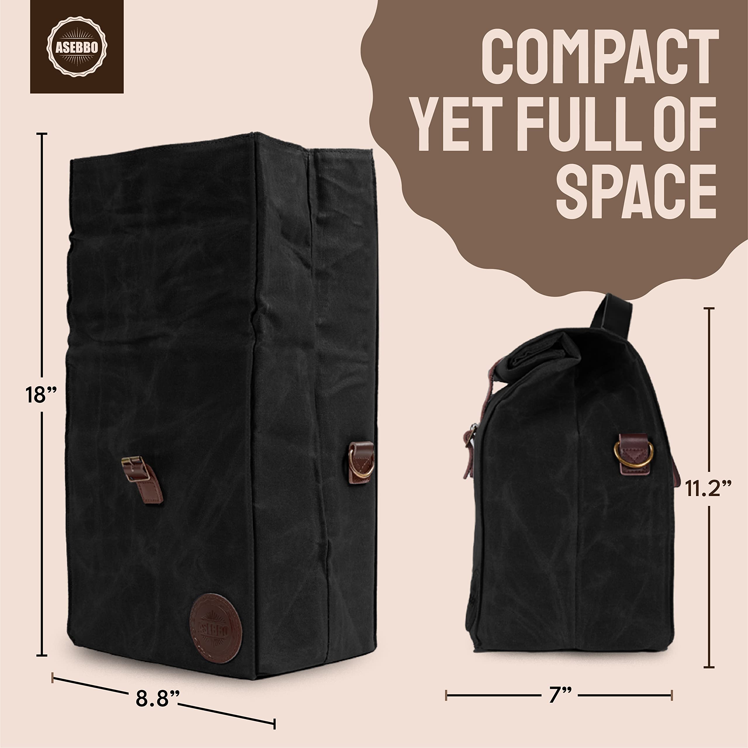 ASEBBO ASEBBO Insulated Lunch Bag for Men and Women Reusable Leak Proof Cooler Bag for Work Travel Beach with Shoulder Strap Black Waxed Canvas - View 6 of 6