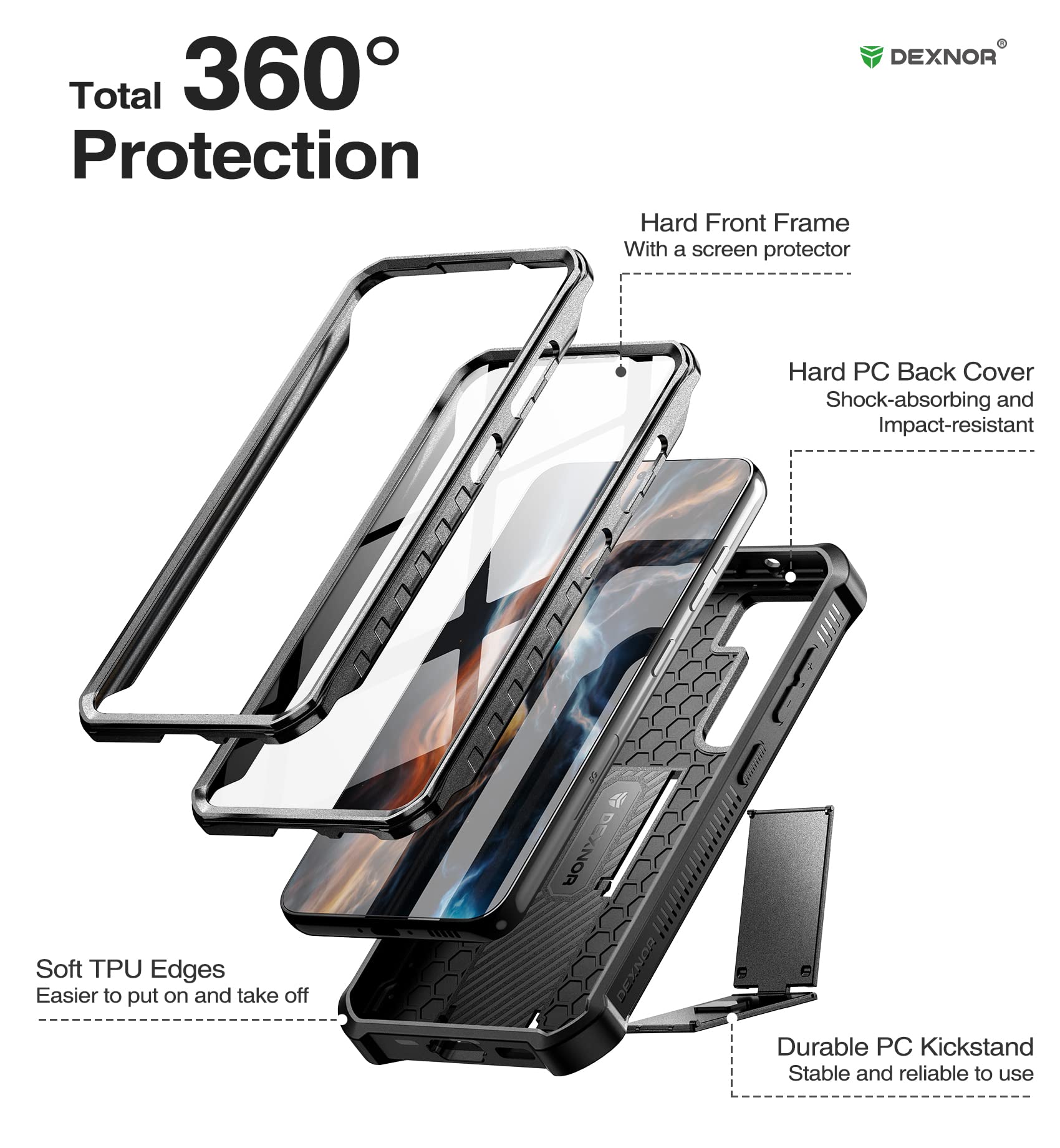 Dexnor Full Body Case for Samsung Galaxy S23 5G Heavy Duty Protection with Built-in Screen Protector and Kickstand Black - View 6 of 7