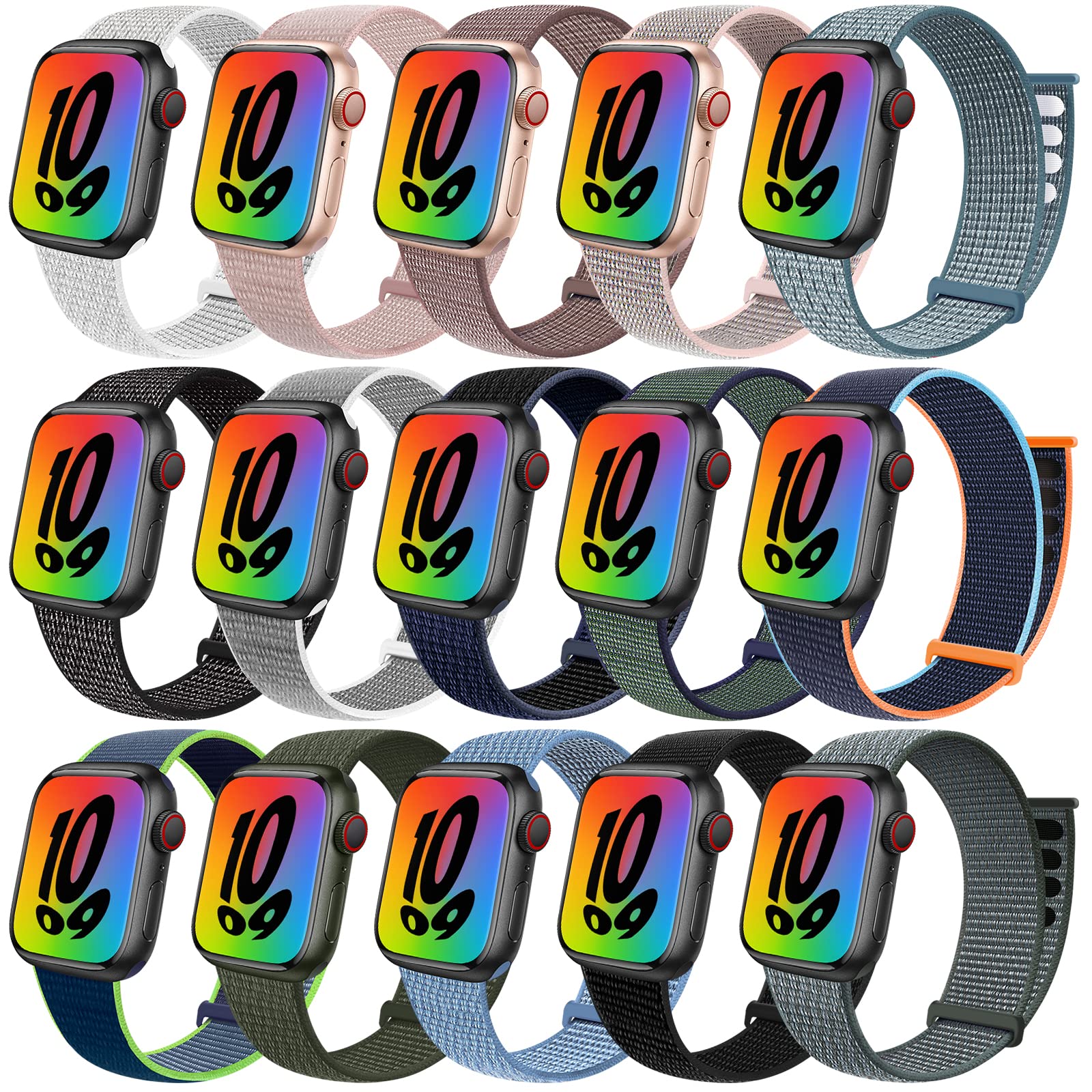 15 PACK Sport Loop Nylon Band Compatible with Apple Watch Band 38mm 40mm 41mm 42mm 44mm 45mm 46mm 49mm Ultra iWatch Series 10 9 8 7 6 SE 5 4 3 2 1